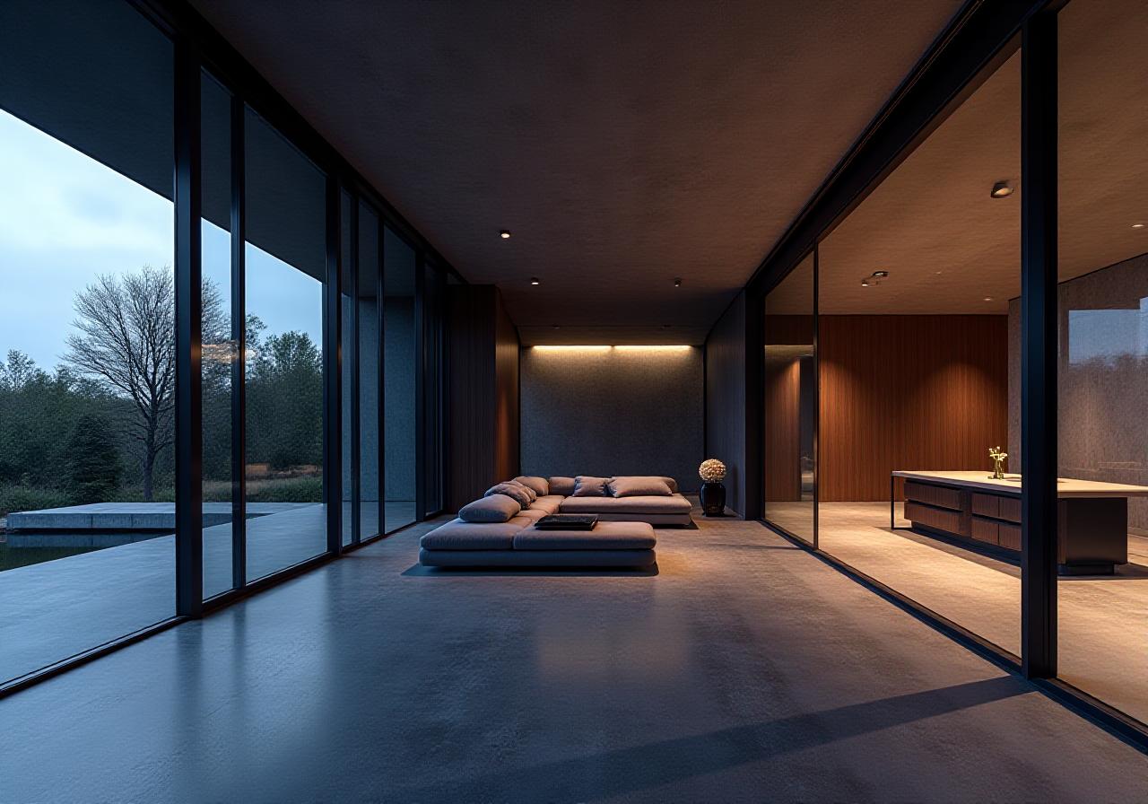 Modern minimal architectural interior with large glass windows and polished concrete floors
